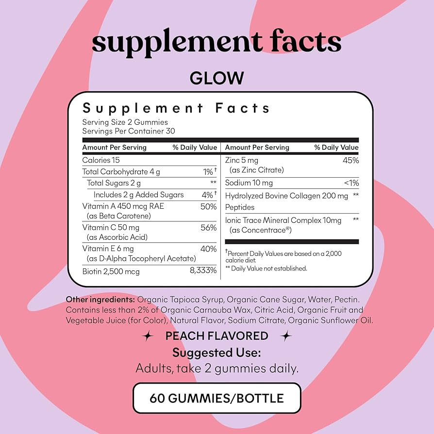 Lemme Glow, Hair, Skin & Nails Gummies, Peach,
60 Gummies