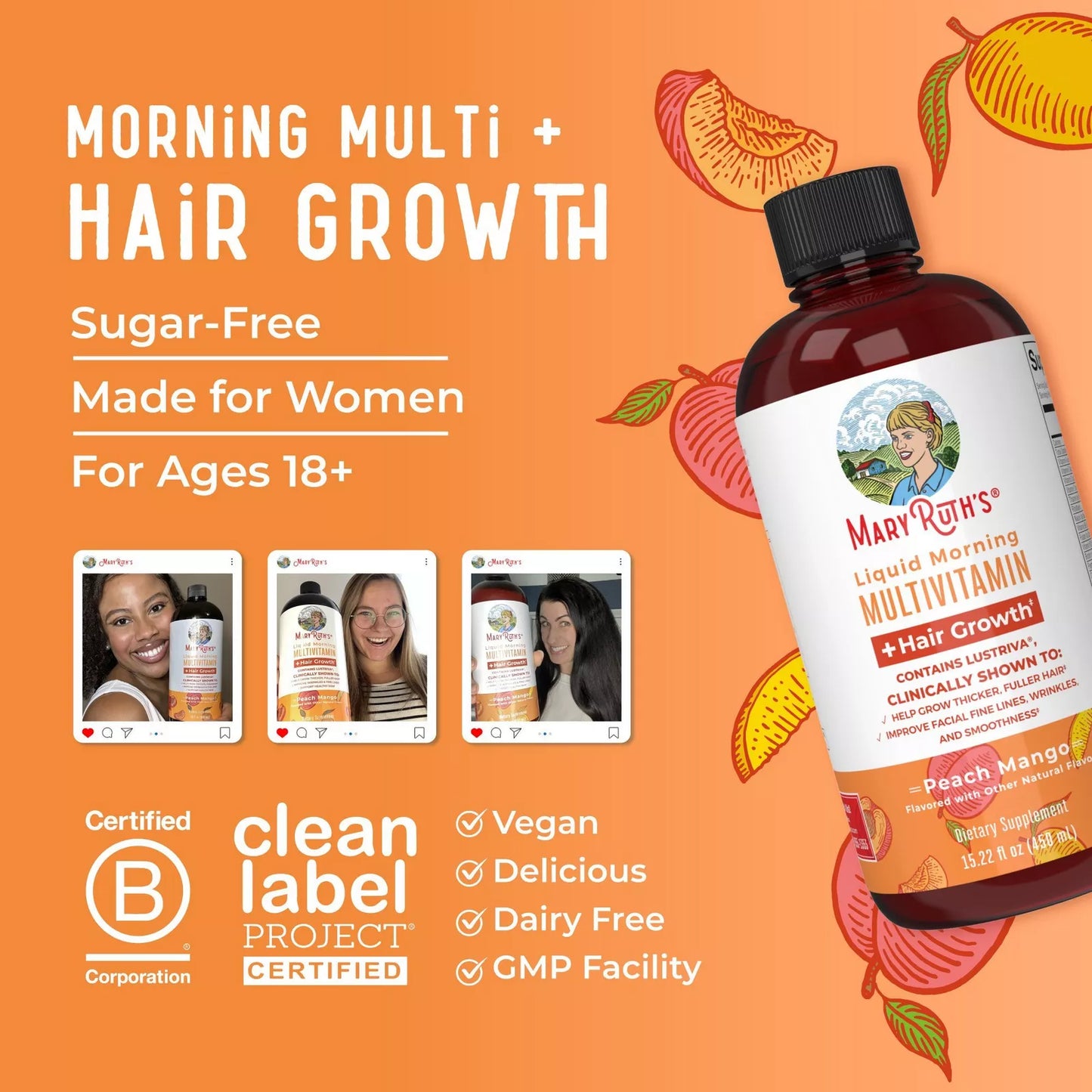 MaryRuth's Liquid Morning Multivitamin + Hair Growth, Peach Mango, 15.22 fl oz (450 ml)