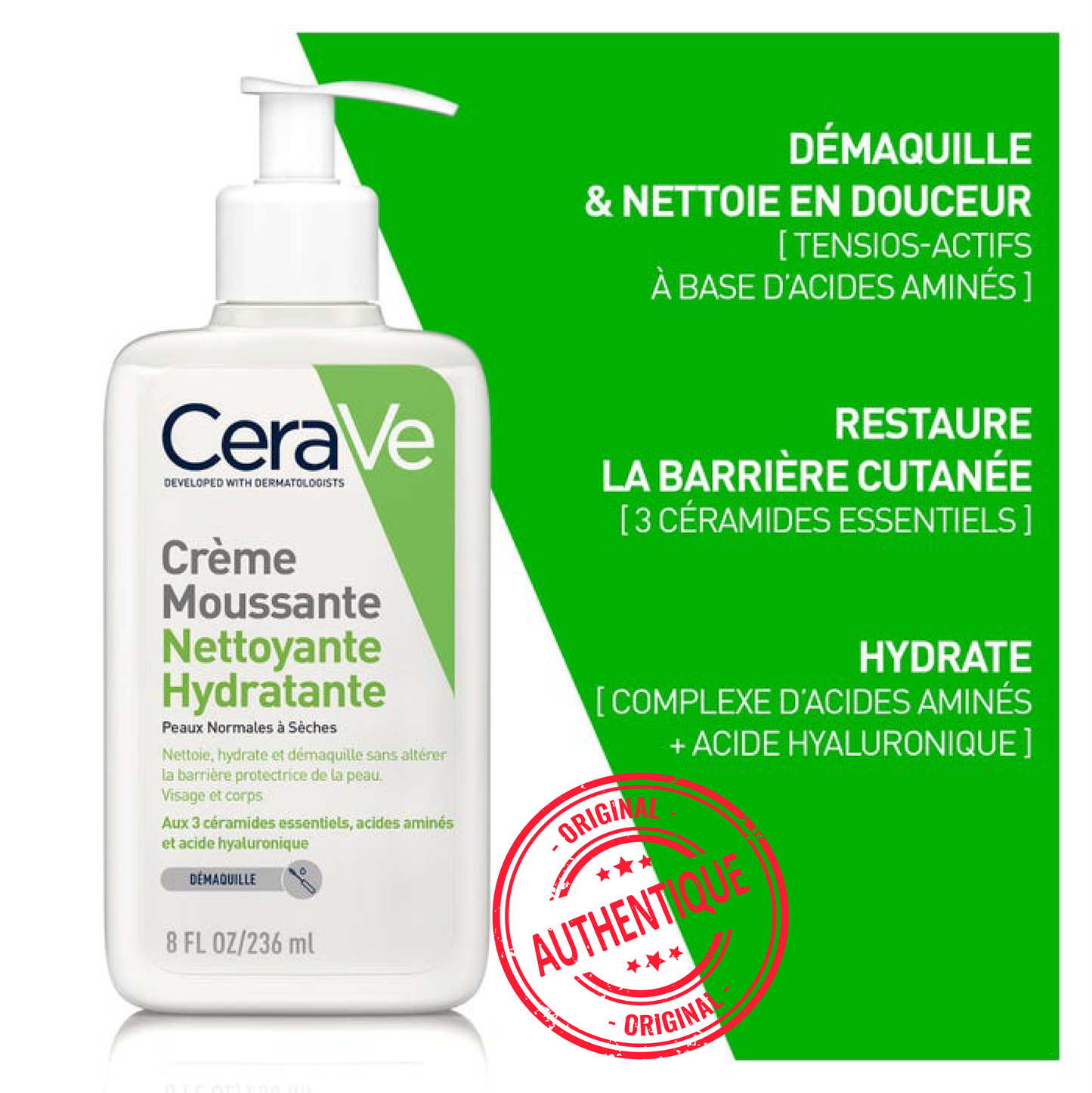 Cerave Crème Moussante Nettoyante Hydratante Visage pour les Peaux Normales à Sèches, 236ml