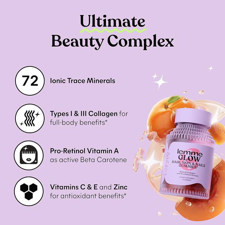 Lemme Glow, Hair, Skin & Nails Gummies, Peach,
60 Gummies