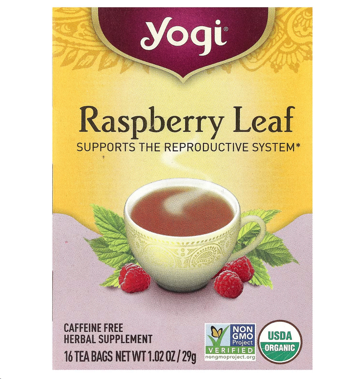 Yogi Tea Raspberry Leaf, Caffeine Free, 16 Tea Bags