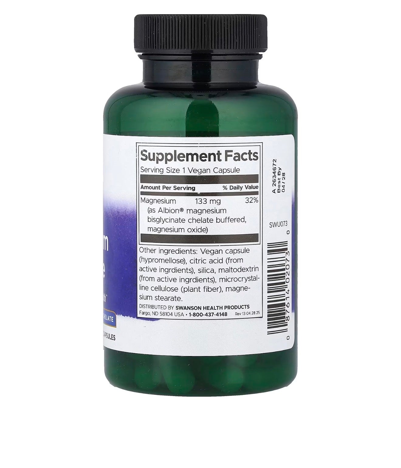 Swanson Vitamins Magnesium Glycinate, 133 mg, 90
Vegan Capsules
