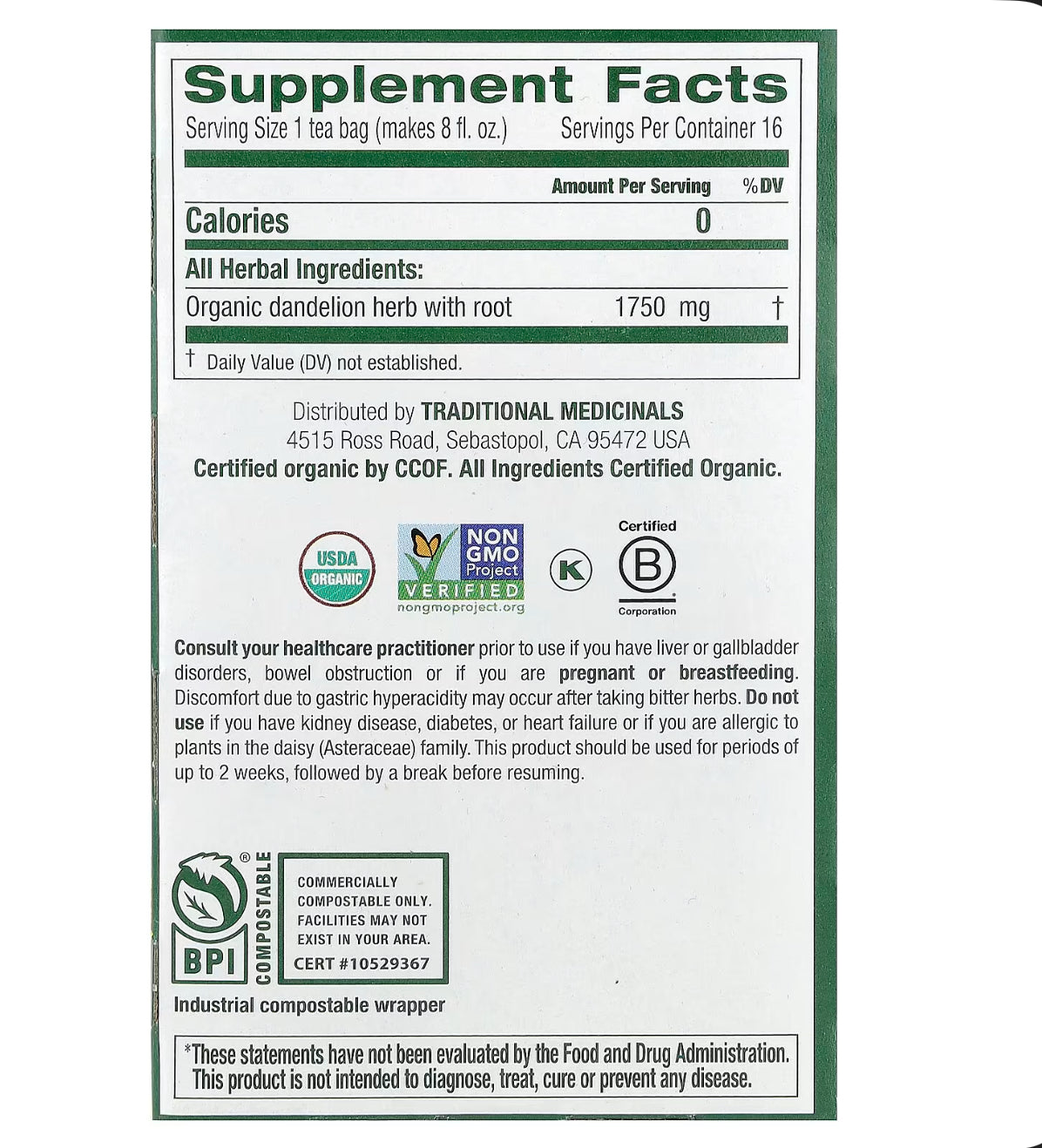 Traditional Medicinals Organic Dandelion Leaf & Root Tea, Caffeine Free, 16 Tea Bags,