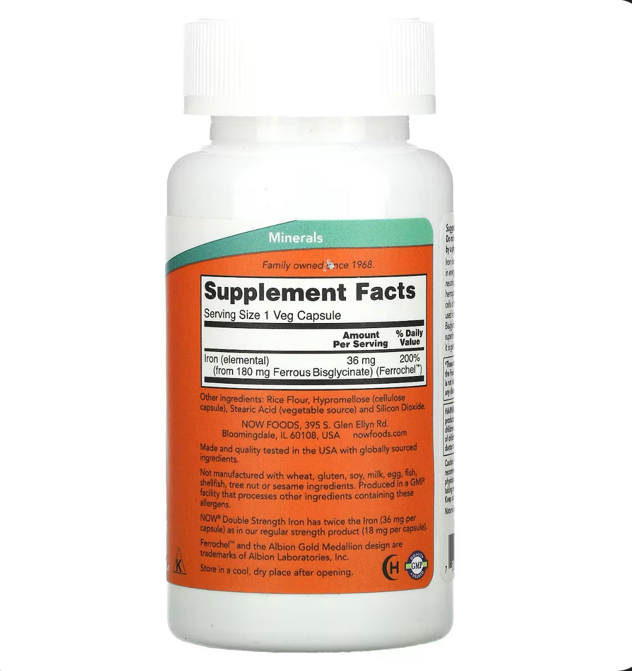 NOW Foods Iron, 36 mg, 90 Veg Capsules