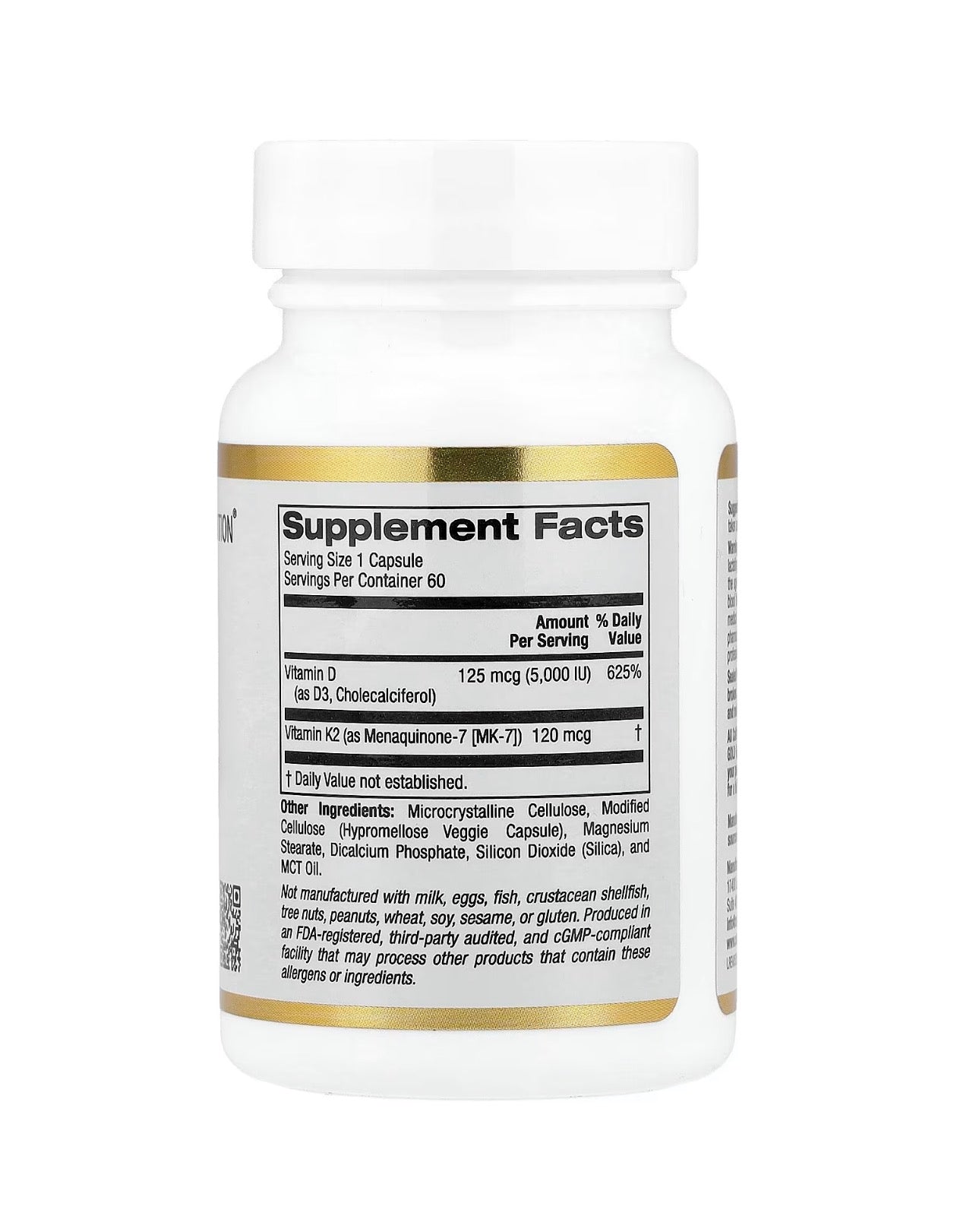 CALIFORNIA GOLD NUTRITION VitaminD3+K2 5,000 IU D3 •120 mcg K2 60 Veggie Capsules