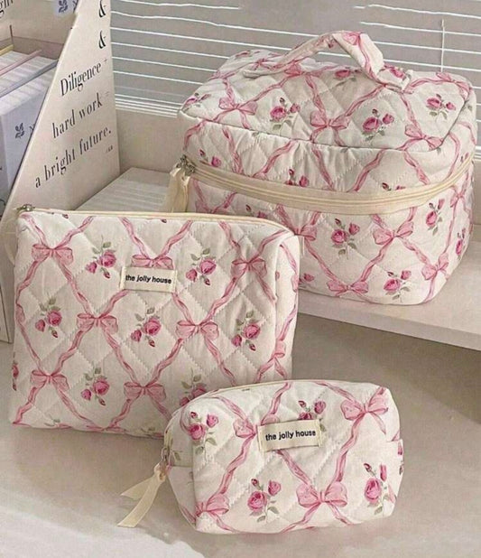 3 pièces makeup bag motif nœud & rose