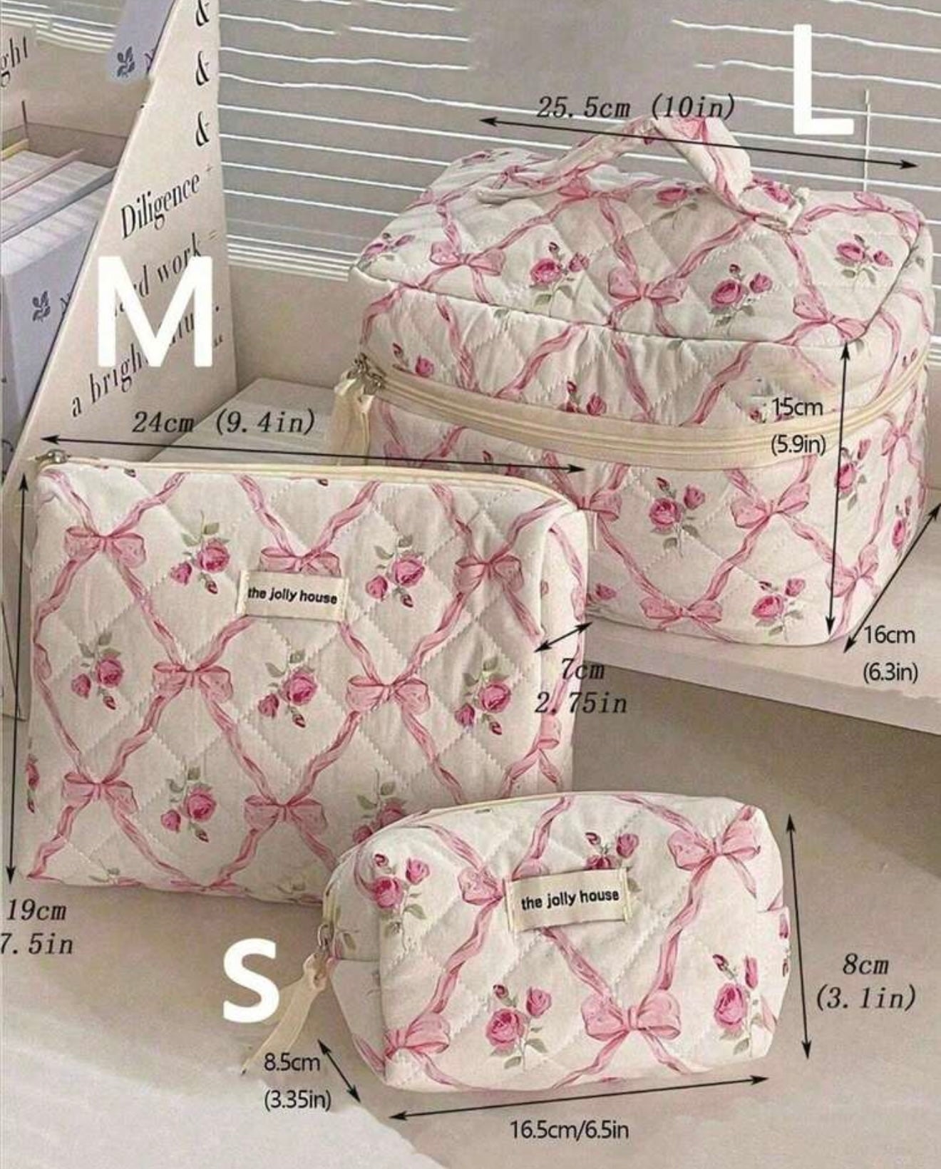 3 pièces makeup bag motif nœud & rose