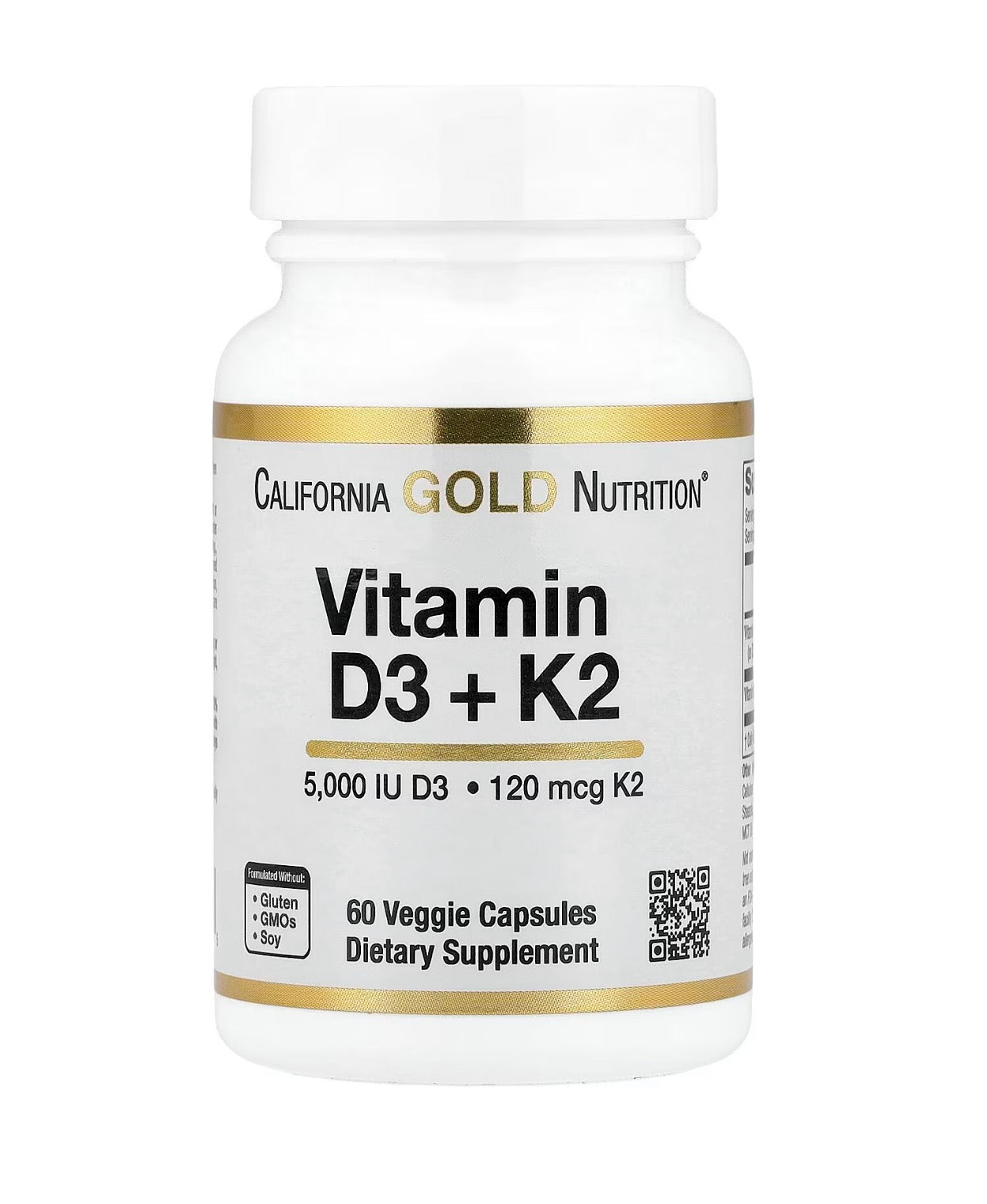 CALIFORNIA GOLD NUTRITION VitaminD3+K2 5,000 IU D3 •120 mcg K2 60 Veggie Capsules