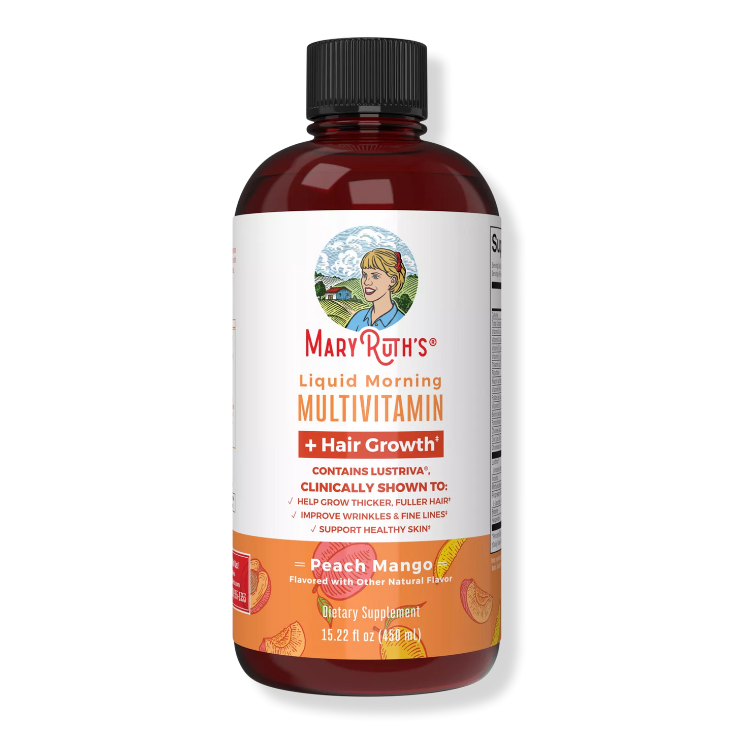 MaryRuth's Liquid Morning Multivitamin + Hair Growth, Peach Mango, 15.22 fl oz (450 ml)
