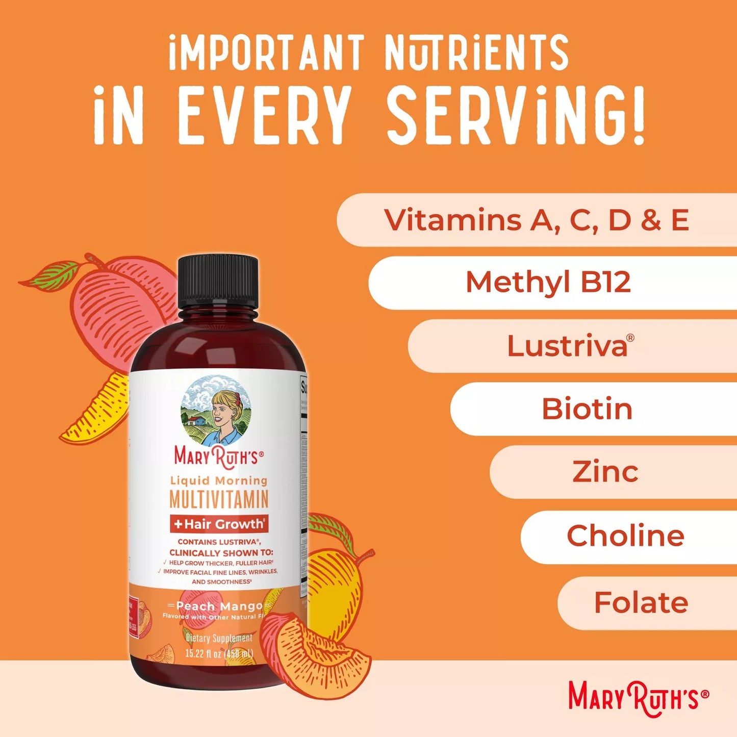 MaryRuth's Liquid Morning Multivitamin + Hair Growth, Peach Mango, 15.22 fl oz (450 ml)