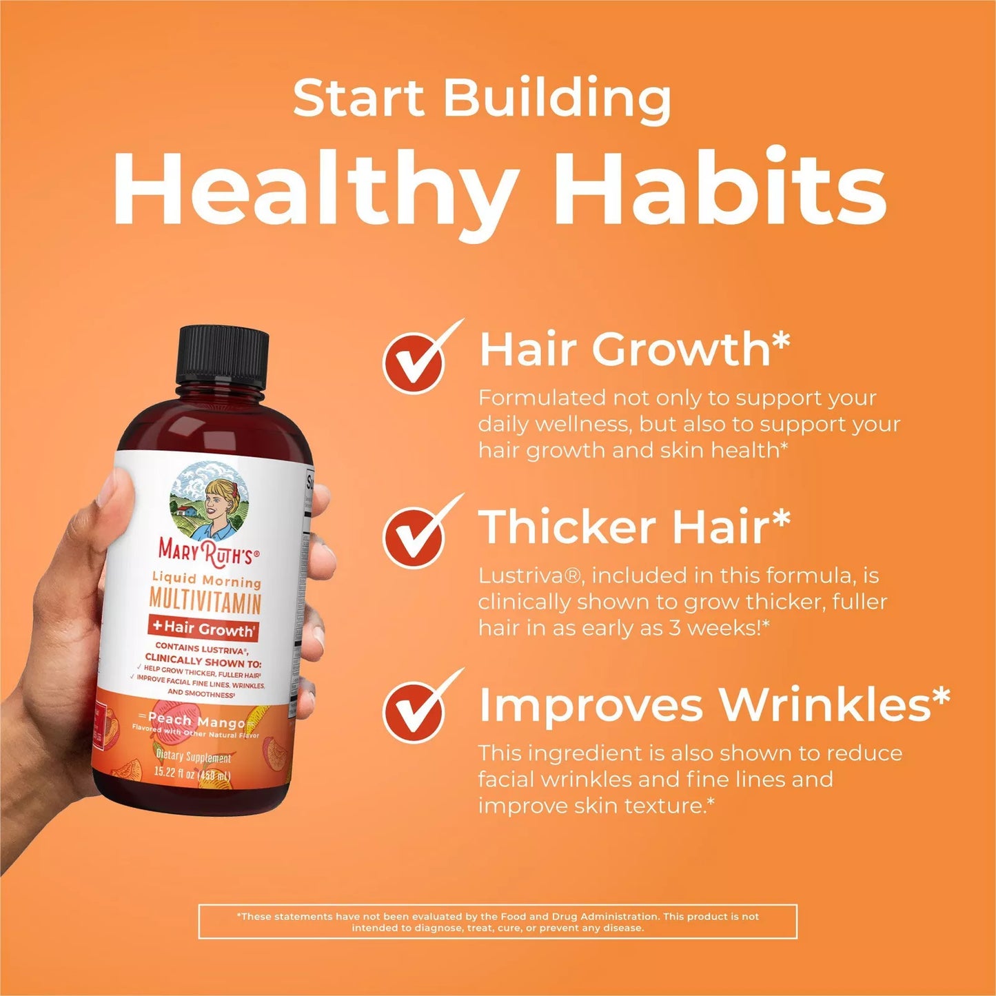 MaryRuth's Liquid Morning Multivitamin + Hair Growth, Peach Mango, 15.22 fl oz (450 ml)