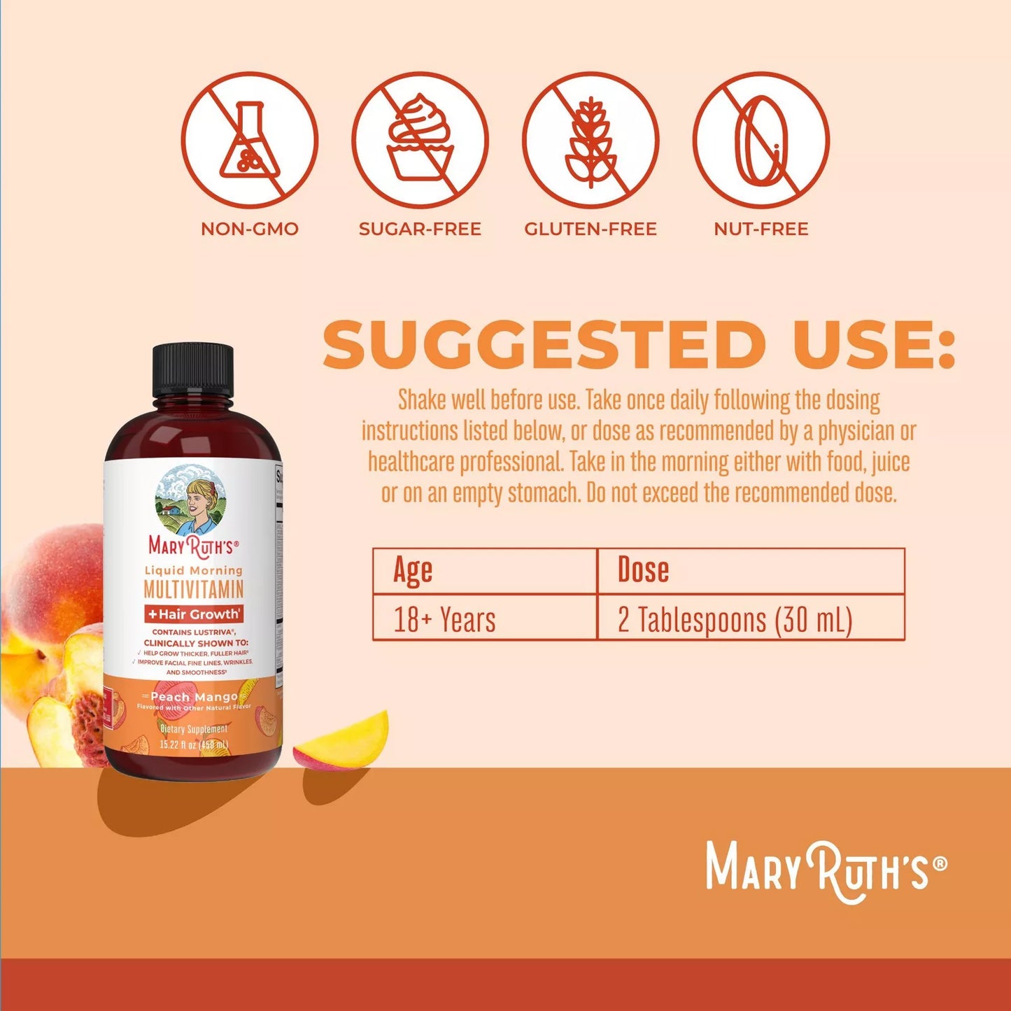 MaryRuth's Liquid Morning Multivitamin + Hair Growth, Peach Mango, 15.22 fl oz (450 ml)