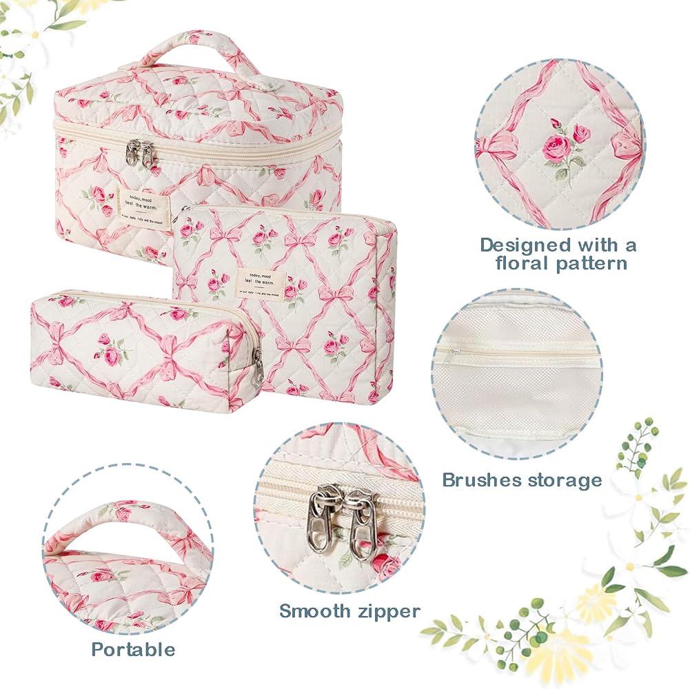 3 pièces makeup bag motif nœud & rose