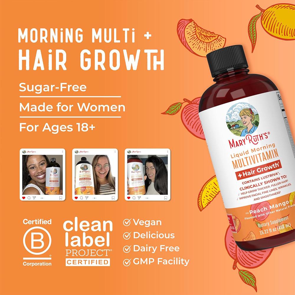MaryRuth's Liquid Morning Multivitamin + Hair Growth, Peach Mango,30 fl oz (887 ml)