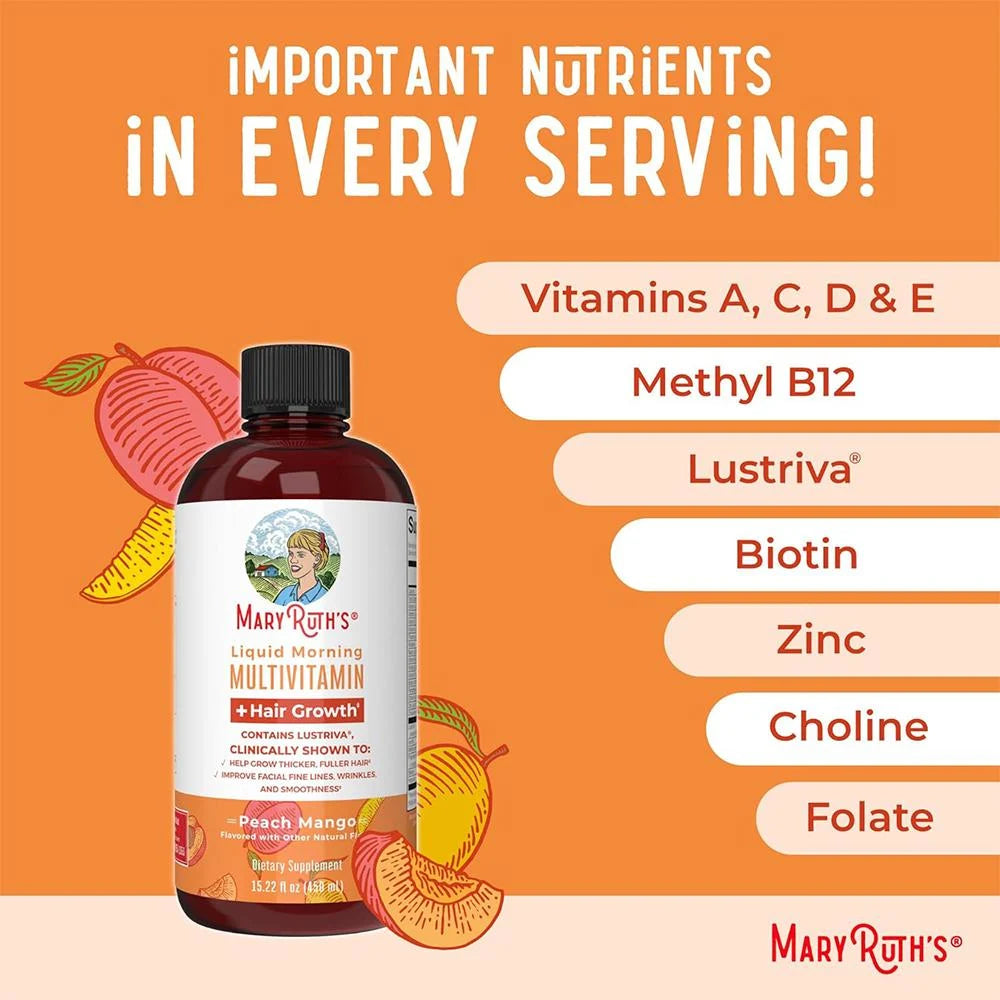 MaryRuth's Liquid Morning Multivitamin + Hair Growth, Peach Mango,30 fl oz (887 ml)