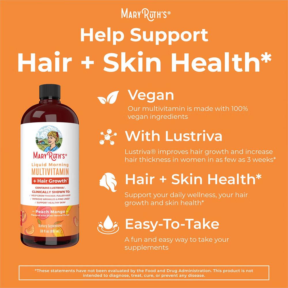MaryRuth's Liquid Morning Multivitamin + Hair Growth, Peach Mango,30 fl oz (887 ml)